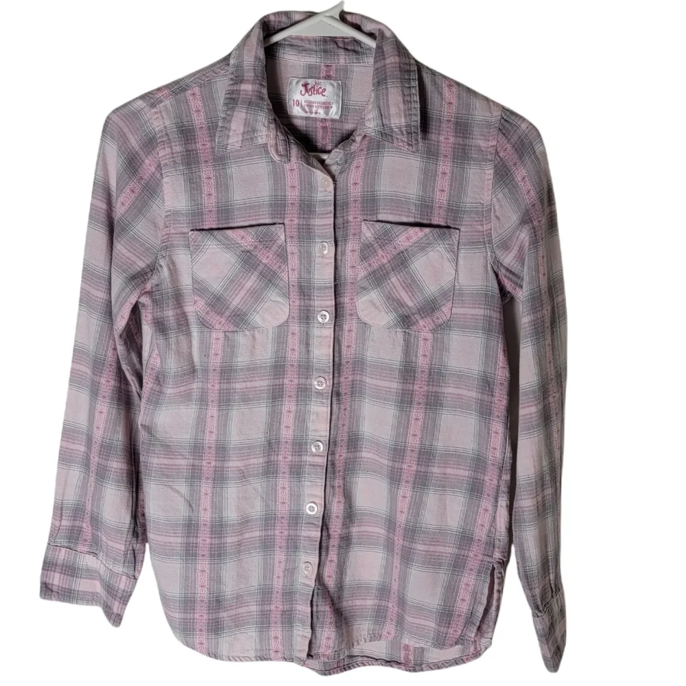 Justice girls size 10 pink gray plaid flannel button down shirt